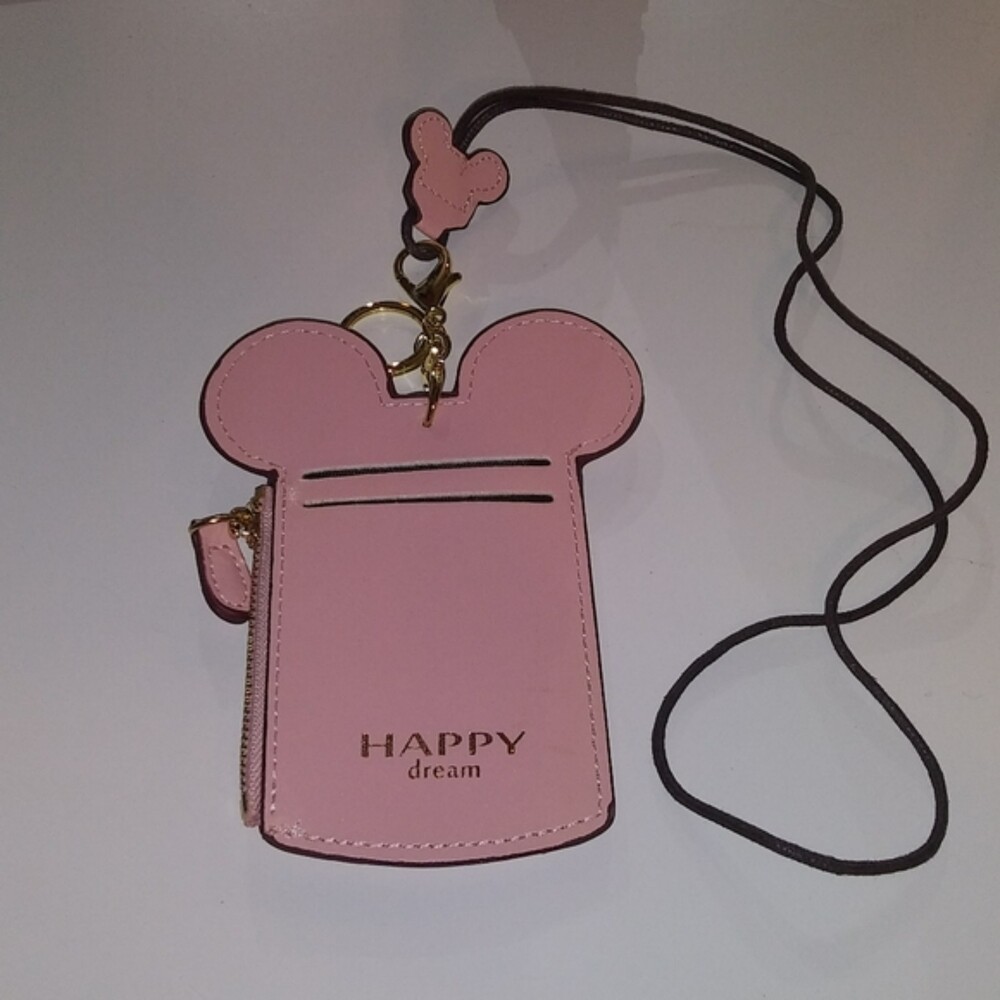 2 Disney Happy Dream leather lanyard/ID holder pink leather Mickey Mouse B29